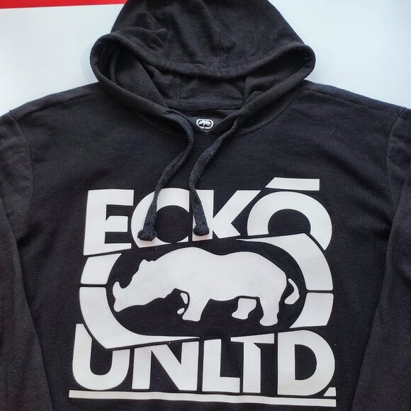 Ecko Unlimited knit hoodie black with white graphic design men's size L - Picture 2 of 10